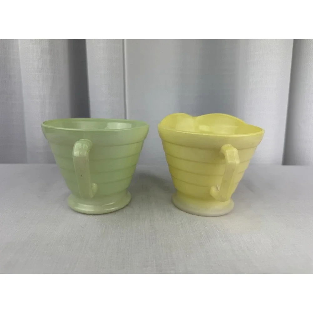 MCM Hazel Atlas Cream & Sugar Bowl Set Moderntone Pastel Platonite Yellow Green